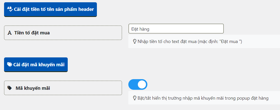 Cài đặt text đặt hàng và bật tắt mã khuyến mãi