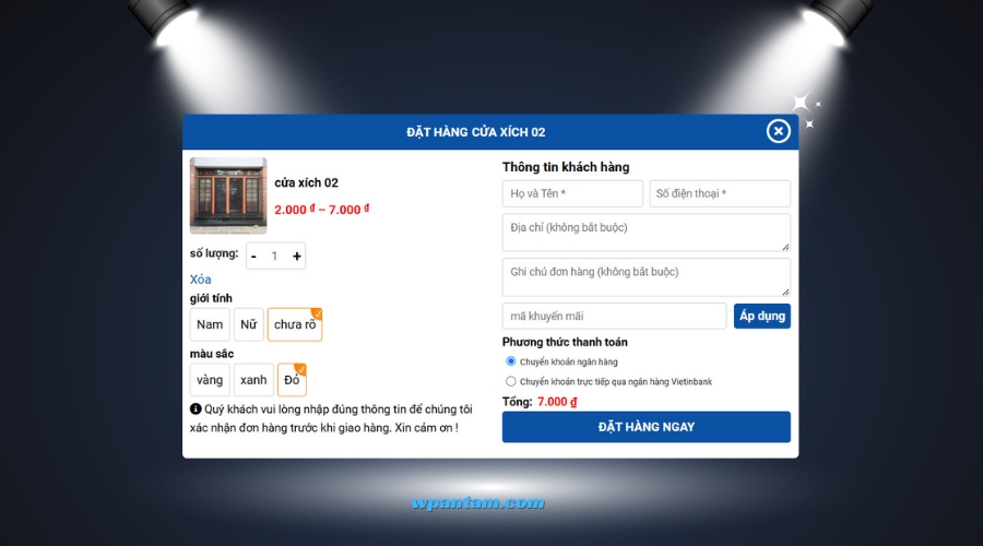 Giao diện popup đặt hàng nhanh