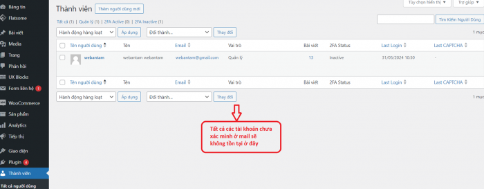 Nếu chưa vào mail xác nhận thì trong mục tài khoản admin wordpress sẽ không tồn tại để tránh spam tài khoản