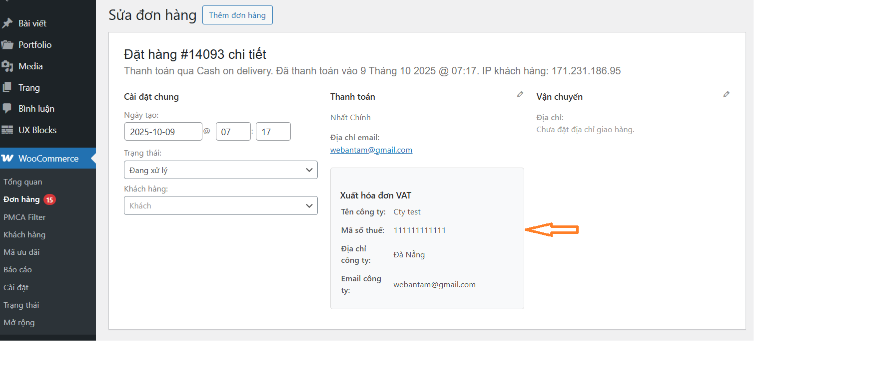 Đơn hàng nhận thông tin xuất hóa đơn VAT
