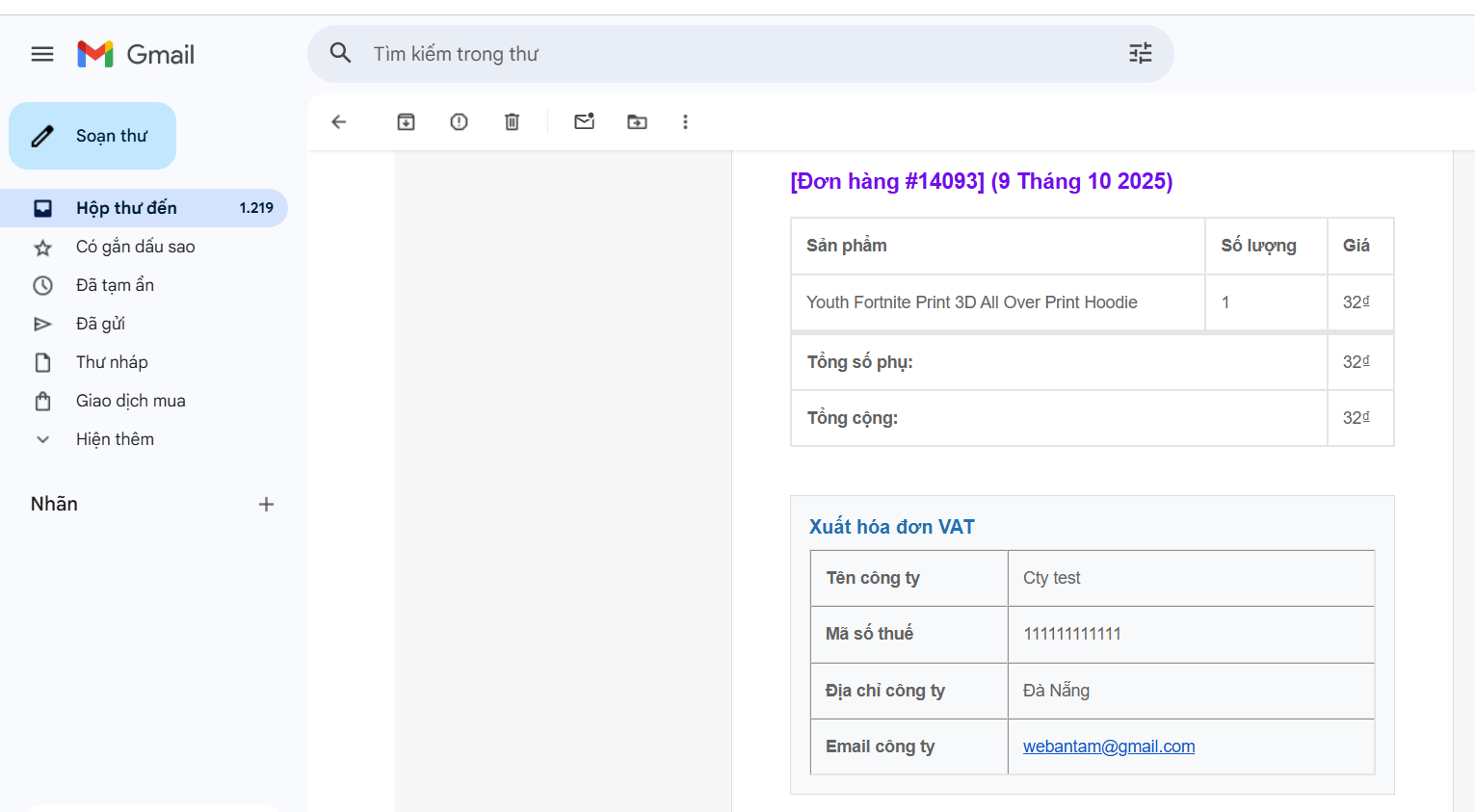 Email nhận thông tin xuất hóa đơn VAT