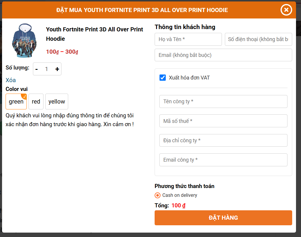 Hiển thị chức năng xuất hóa đơn VAT ở ngay popup