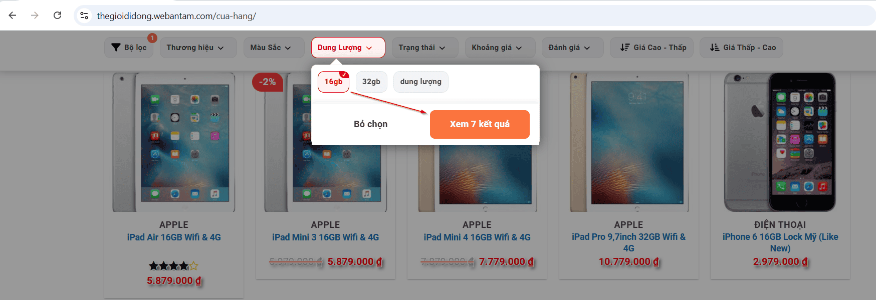 Chọn và xem kết quả lọc