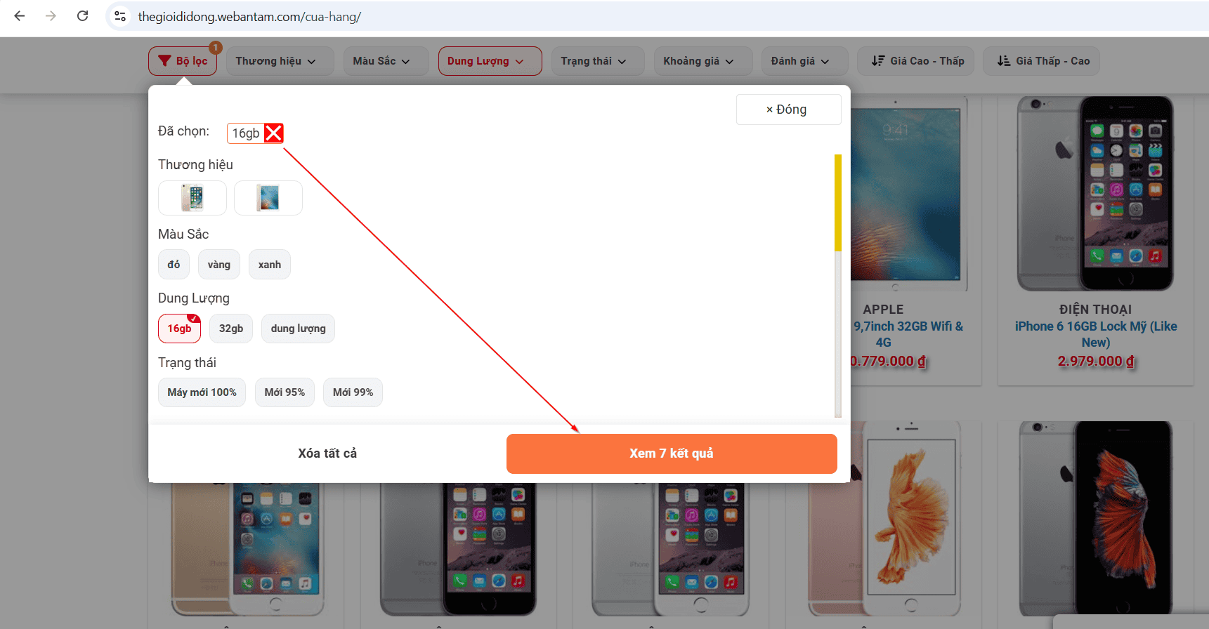 Chọn và xem kết quả lọc